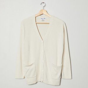 Vtg 90s Cream Silk Ribbed Cardigan M